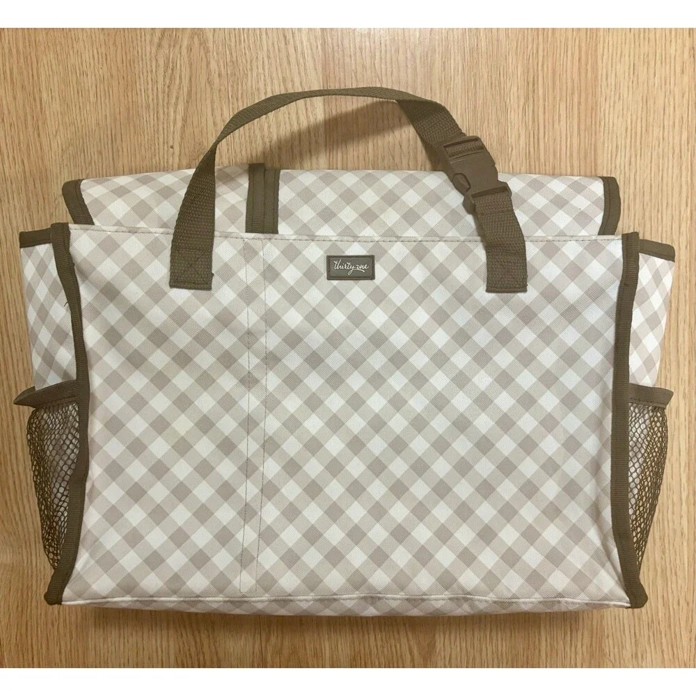 Thirty-One Pack N Pull Organizing Caddy Taupe Gingham Monogram Wipes & Dipes